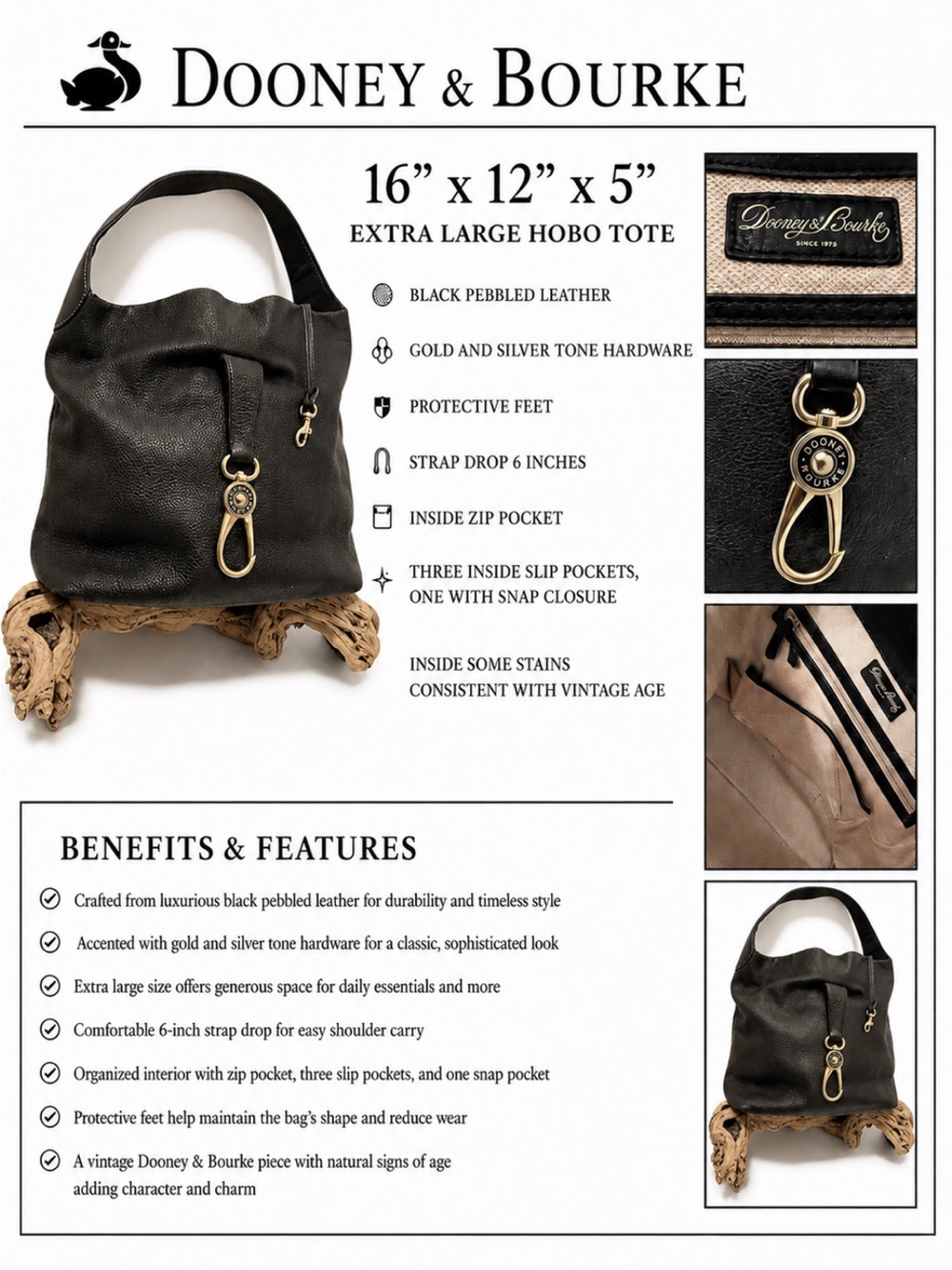 Dooney & Bourke Vintage Pebbled Leather Extra Large Hobo Tote Bag Black 16x12x5